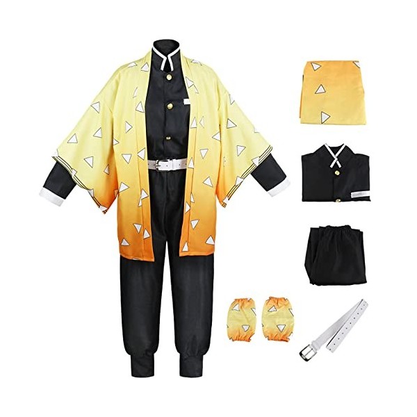 YEAJION Agatsuma Zenitsu Costume Set avec Perruque Demon Slayer Anime Cosplay Costume Kimetsu no Yaiba Kimono Déguisement de 