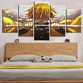 VEYEBZ 5 Pièces Encadrée Impressions sur Toile Peinture 150×80Cm Anime Demon Slayer, Zenitsu Art Mural Abstrait Modulaire Aff