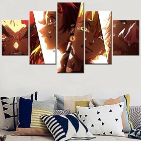 VEYEBZ 5 Pièces Encadrée Impressions sur Toile Peinture 150×80Cm Anime Demon Slayer, Tanjirou, Zenitsu, Inosuke, Giyuu Art Mu