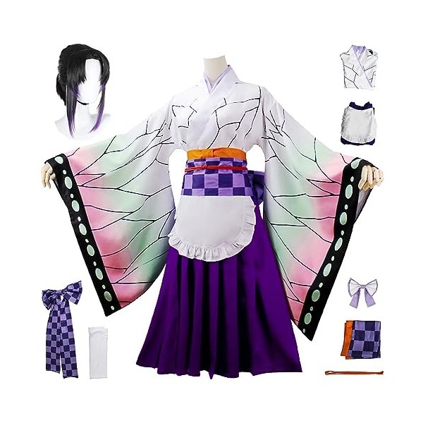 YEAJION Kochou Shinobu Cosplay Costume avec Perruque Shinobu Maid Dress Demon Slayer Anime Cosplay Costume Kimetsu no Yaiba K