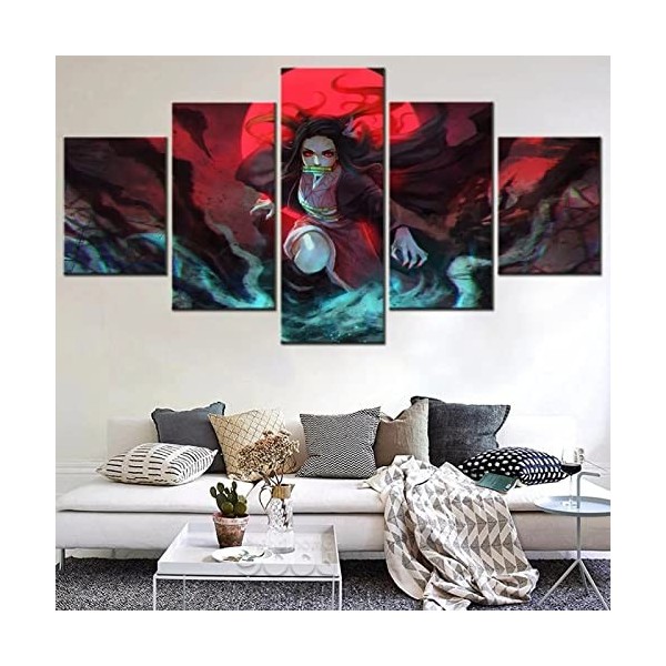 VEYEBZ 5 Pièces Encadrée Impressions sur Toile Peinture 150×80Cm Anime Demon Slayer, Nezuko Art Mural Abstrait Modulaire Affi