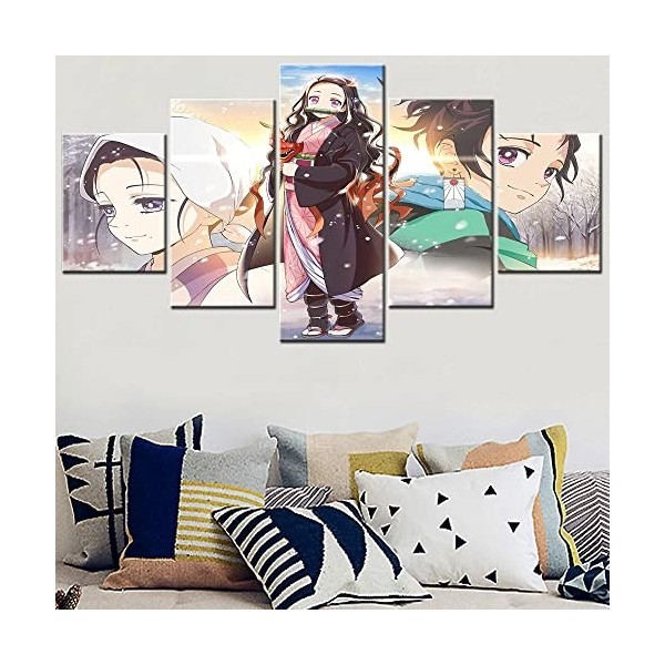 VEYEBZ 5 Pièces Encadrée Impressions Sur Toile Peinture 150×80Cm Anime Demon Slayer, Tanjirou, Nezuko, Tamayo Art Mural Abstr
