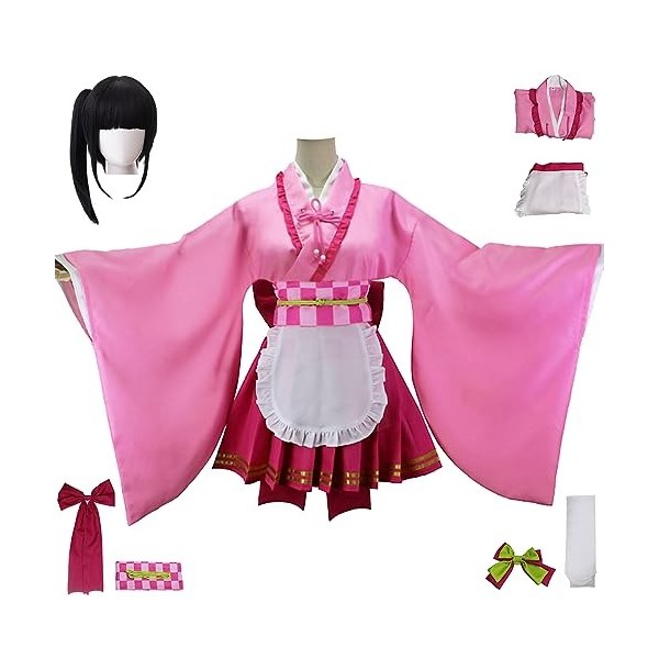 YEAJION Tsuyuri Kanao Cosplay Costume avec Perruque Kanao Maid Dress Demon Slayer Anime Cosplay Costume Kimetsu no Yaiba Kimo