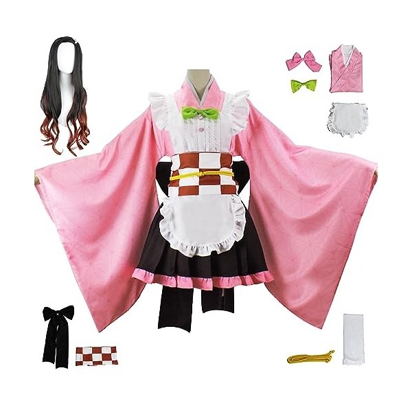 YEAJION Kamado Nezuko Cosplay Costume avec Perruque Nezuko Maid Dress Demon Slayer Anime Cosplay Costume Kimetsu no Yaiba Kim