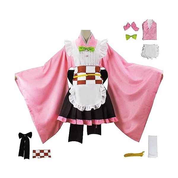 YEAJION Kamado Nezuko Cosplay Costume avec Perruque Nezuko Maid Dress Demon Slayer Anime Cosplay Costume Kimetsu no Yaiba Kim