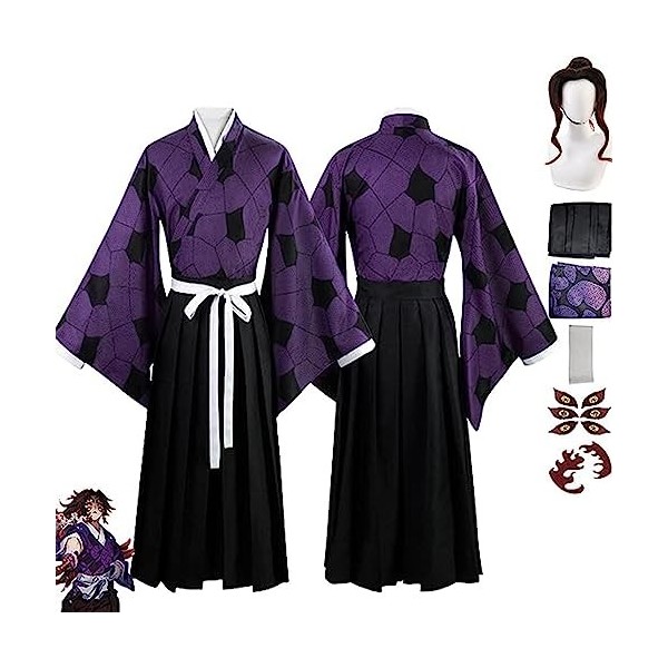 WOUND Costume de Cosplay Demon-Slayer,Tsugikuni Michikatsu Veste Manteau Tenues avec Perruque,Kimetsu-No-Yaiba Costume de vêt