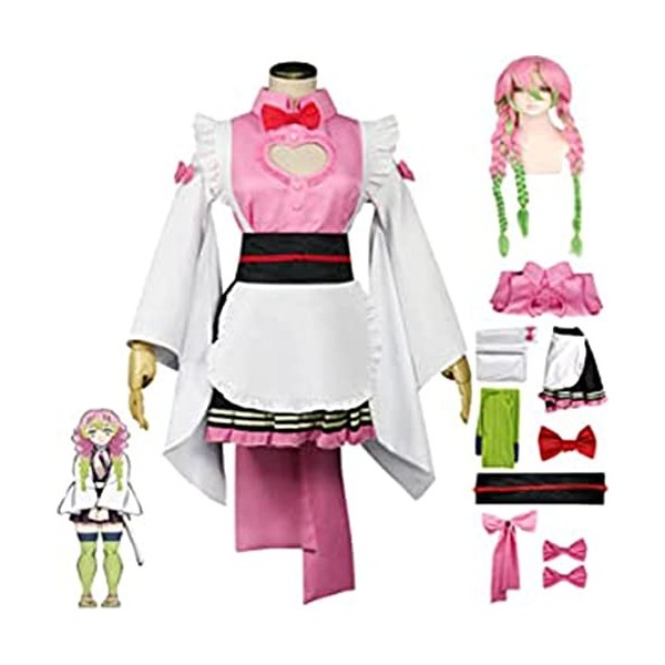 WOUND Costume de Cosplay Demon-Slayer,Personnages danime Kanroji Mitsuri Veste Manteau Tenues avec Perruque,Robe de Demoisel
