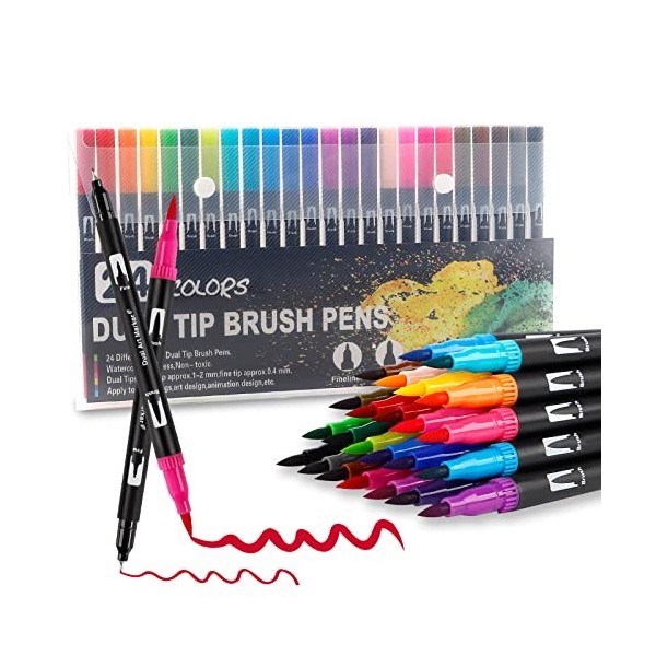 Feutres Coloriage Enfants,24 Couleurs Enfants Adulte à Double Pointe Fine et Pinceau, Coloriage,Enfant Brush Pen pour Dessin,