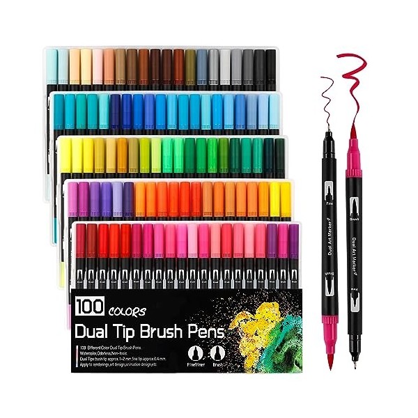 Feutres Coloriage Enfants,24 Couleurs Enfants Adulte à Double Pointe Fine et Pinceau, Coloriage,Enfant Brush Pen pour Dessin,