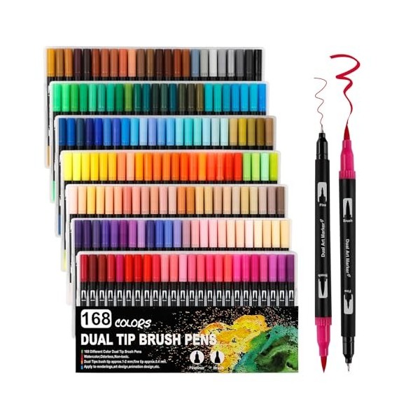 Feutres Coloriage Enfants,24 Couleurs Enfants Adulte à Double Pointe Fine et Pinceau, Coloriage,Enfant Brush Pen pour Dessin,