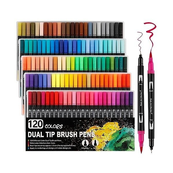 Feutres Coloriage Enfants,24 Couleurs Enfants Adulte à Double Pointe Fine et Pinceau, Coloriage,Enfant Brush Pen pour Dessin,