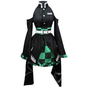 MengXin Costume de cosplay Anime Demon Slayer Kamado Tanjirou pour femmes et filles - Robe noire personnalisée pour Halloween