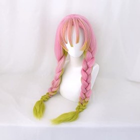 Demon Slayer Kanroji Mitsuri Cosplay perruque Kimetsu No Yaiba Costume Long rose mixte vert tresse fête cheveux +&nbsp;&nbsp;&nbsp;filet à&nbsp;c
