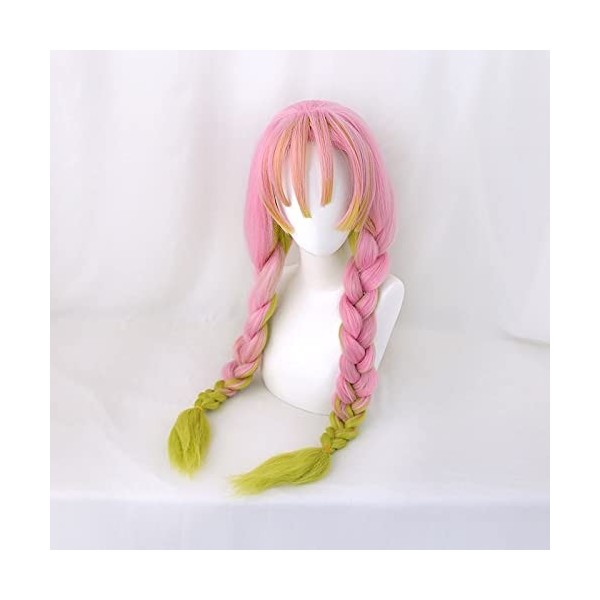 Demon Slayer Kanroji Mitsuri Cosplay perruque Kimetsu No Yaiba Costume Long rose mixte vert tresse fête cheveux +&nbsp;&nbsp;&nbsp;filet à&nbsp;c