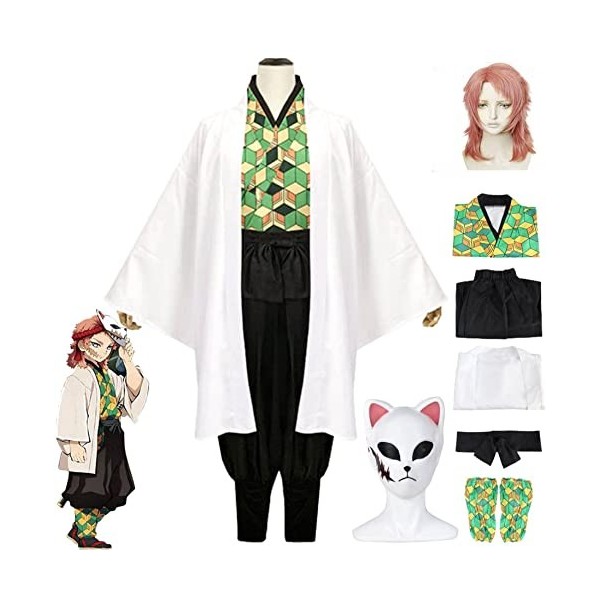 WOUND Costume de cosplay Demon-Slayer,Personnages danime Sabito veste manteau tenues avec masque de perruque,Robe kimono de 