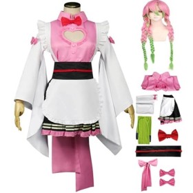 Demon Slayer Kanroji Mitsuri Cosplay Robe de demoiselle dhonneur avec perruque, Anime Kimetsu no Yaiba Unims Tenue Kimono En
