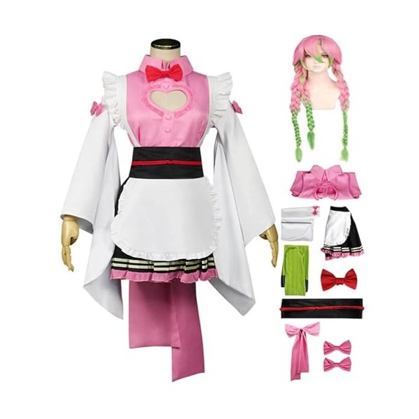 Demon Slayer Kanroji Mitsuri Cosplay Robe de demoiselle dhonneur avec perruque, Anime Kimetsu no Yaiba Unims Tenue Kimono En