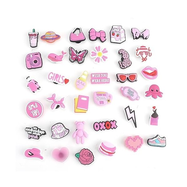 Pins pour Crocs, 30 pcs Charmes de Chaussure Rose Breloque Bijoux Accessoires Décoratif à Clips Motif Animé Ornement de Sabot