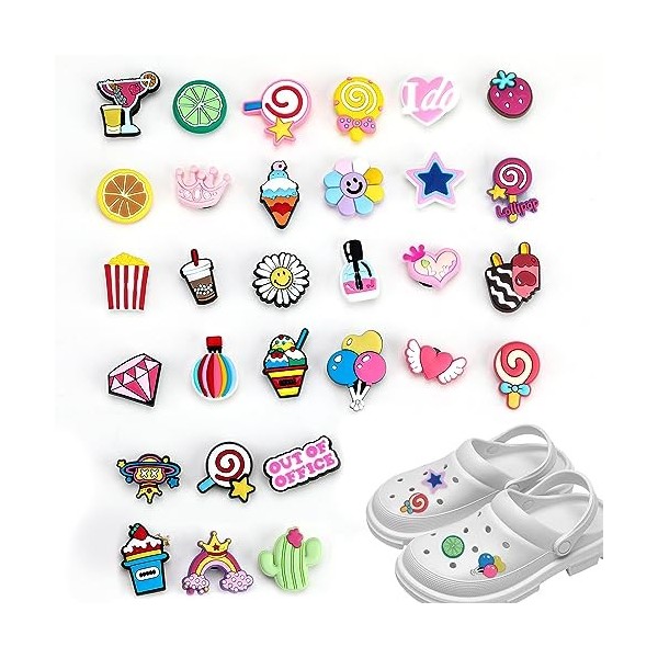 Pins pour Crocs, 30 pcs Charmes de Chaussure Rose Breloque Bijoux Accessoires Décoratif à Clips Motif Animé Ornement de Sabot