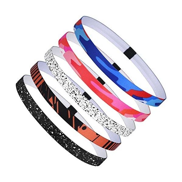 URAQT 5Pcs Bandeaux de Sport, bandes de sport antidérapantes, Sports Bandeau Élastique Cheveux Bande pour Jogging Football Fa