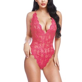 BESDEL Femmes Teddy Lingerie One Piece Babydoll Mini Body Rose Rouge L