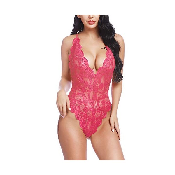 BESDEL Femmes Teddy Lingerie One Piece Babydoll Mini Body Rose Rouge L
