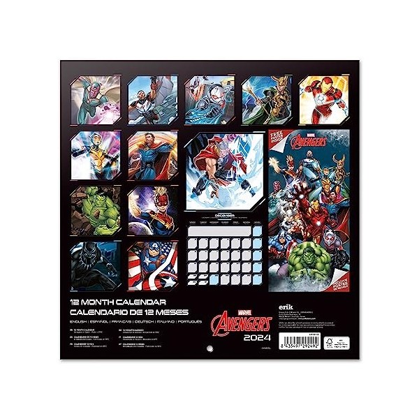 Grupo Erik - Calendrier Mural 2024 Marvel, Avengers | Calendrier Mensuel 30 x 60 cm, Certifié FSC, en Français