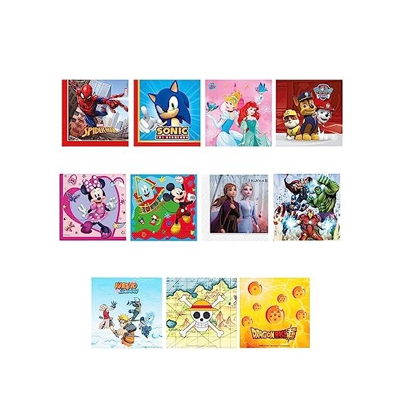 20 Serviettes de table papier 2 plis, 16.5 x 16.5cm pour décoration fête anniversaire enfant fille ou garçon avec licence 