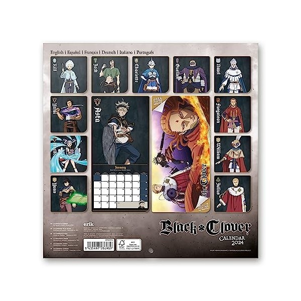 Grupo Erik - Calendrier Mural 2024 Black Clover | Calendrier Mensuel 30 x 60 cm, Certifié FSC, en Français