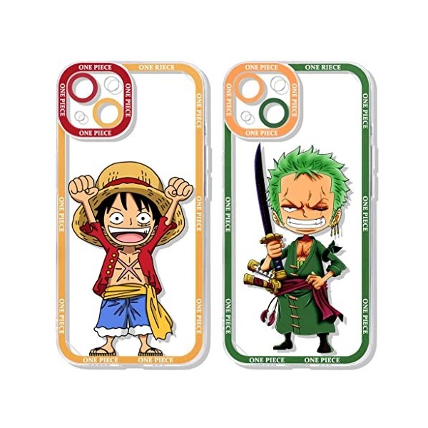 2 Pièces Coque pour iPhone 13/iPhone 14 6.1 avec Anime Luffy Gear 5 Nika Zoro Manga Couleur 3D Imprimé Motiv Transparent Ca