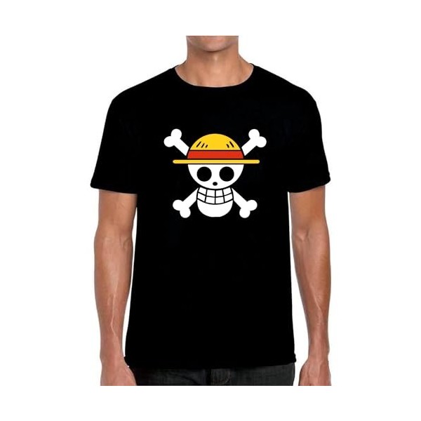 T-shirt One Piece Logo Drapeau Jolly Roger Chapeau de Paille, Noir , Medium