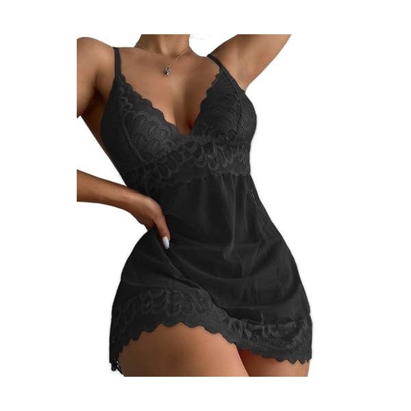 Yutdeng Ensemble de Lingerie Femme Babydoll en Dentelle Lingerie Sexy Tenue Nuisette Col V Pyjama avec String Robe de Nuit Tr