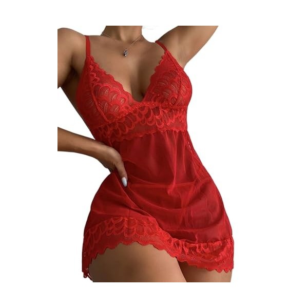 Yutdeng Ensemble de Lingerie Femme Babydoll en Dentelle Lingerie Sexy Tenue Nuisette Col V Pyjama avec String Robe de Nuit Tr