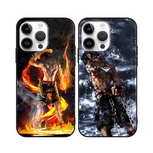 PBNDJVG 2 Pièces Coque pour Apple iPhone 15 Pro Max 6.7 Pouce, Anime One Piece Ace Manga Dessin Animé Motif Étui Protection H