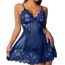 Yutdeng Lingerie Sexy Femme Tenue en Dentelle Ouverte Erotique Nuisette sous Vêtements Deep V Babydoll Sensuelle Ensemble Lin