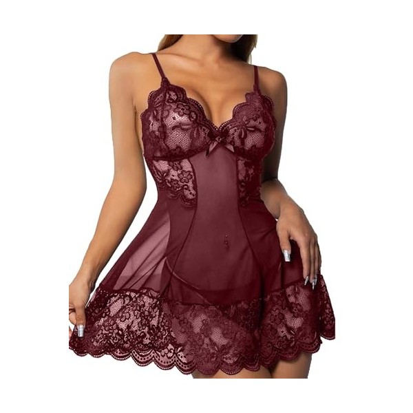 Yutdeng Lingerie Sexy Femme Tenue en Dentelle Ouverte Erotique Nuisette sous Vêtements Deep V Babydoll Sensuelle Ensemble Lin