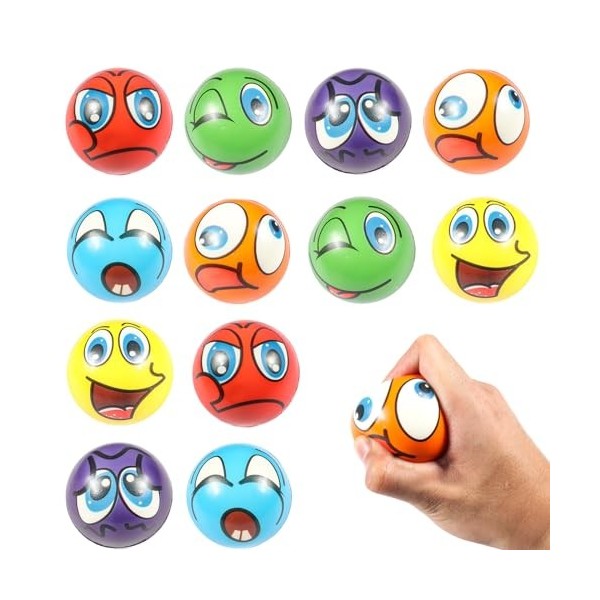 12 pièces Balle Anti-Stress,Emoji Boule Antistress,Boules à Presser pour se détendre,Les Exercices de la Main,se décompresser