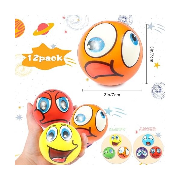 12 pièces Balle Anti-Stress,Emoji Boule Antistress,Boules à Presser pour se détendre,Les Exercices de la Main,se décompresser