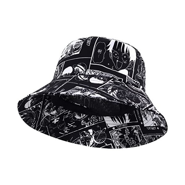 Roffatide Anime One Piece Chapeau Bob Chapeau de Pêche Luffy Graffiti Chapeau de Soleil en Coton Pliable Hip-hop pour Garçons