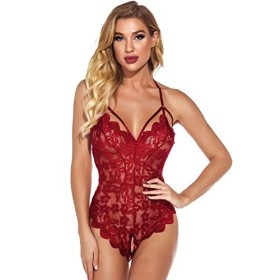 KOEMCY Lingerie Sexy Femme Dentelle Dos Nu Erothique Deshabillé Body Combinaison Col V Profond Lingerie One Piece Dentelle Ba