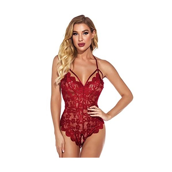 KOEMCY Lingerie Sexy Femme Dentelle Dos Nu Erothique Deshabillé Body Combinaison Col V Profond Lingerie One Piece Dentelle Ba