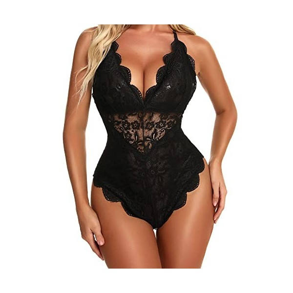 Aranmei Femmes Sexy Snap Crotch Body One Piece Dentelle Babydoll Lingerie Teddy Noir XL
