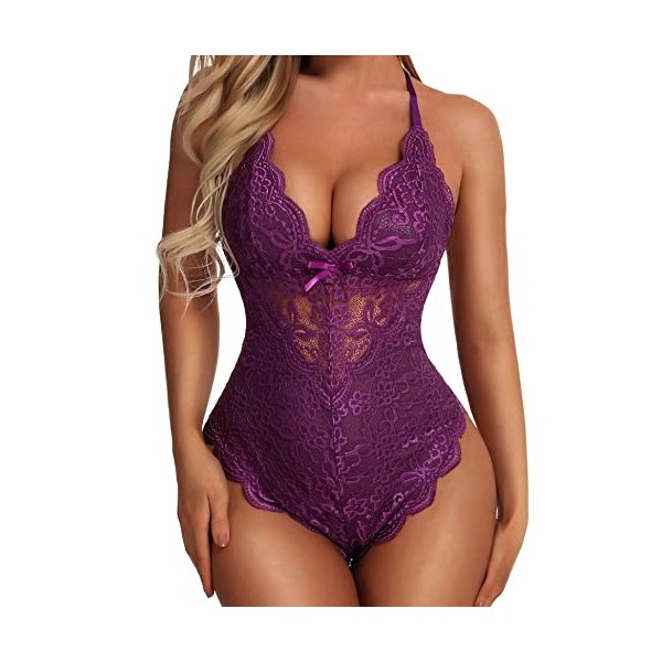 Aranmei Femmes Sexy Snap Crotch Body One Piece Dentelle Babydoll Lingerie Teddy Noir XL