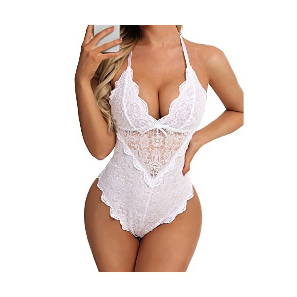 Aranmei Femmes Sexy Snap Crotch Body One Piece Dentelle Babydoll Lingerie Teddy Noir XL