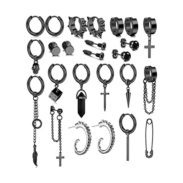 Kakonia 25 Pcs Boucles d’oreilles Pendantes pour Hommes en Acier Inoxydable Hoop Boucles d’oreilles Pendantes Croix Boucle d’
