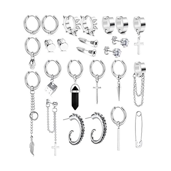 Kakonia 25 Pcs Boucles d’oreilles Pendantes pour Hommes en Acier Inoxydable Hoop Boucles d’oreilles Pendantes Croix Boucle d’