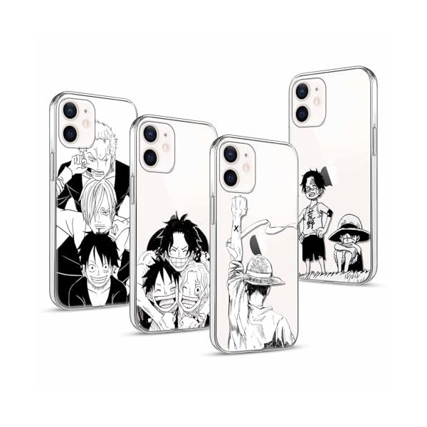 4 Pièces Coque pour Apple iPhone 12 mini 5.4, Animé One Piece Luffy Zoro Gear 5 Sun God Nika avec Transparent Protection Et