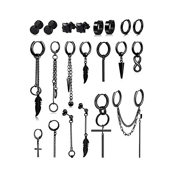 21Pièces Boucles dOreilles Créoles Pour Hommes Femmes en Acier Inoxydable Punk Boucles dOreille Pendante Croix Plume Zircon