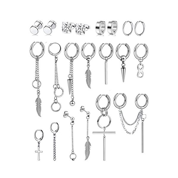 21Pièces Boucles dOreilles Créoles Pour Hommes Femmes en Acier Inoxydable Punk Boucles dOreille Pendante Croix Plume Zircon