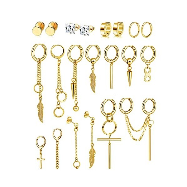21Pièces Boucles dOreilles Créoles Pour Hommes Femmes en Acier Inoxydable Punk Boucles dOreille Pendante Croix Plume Zircon
